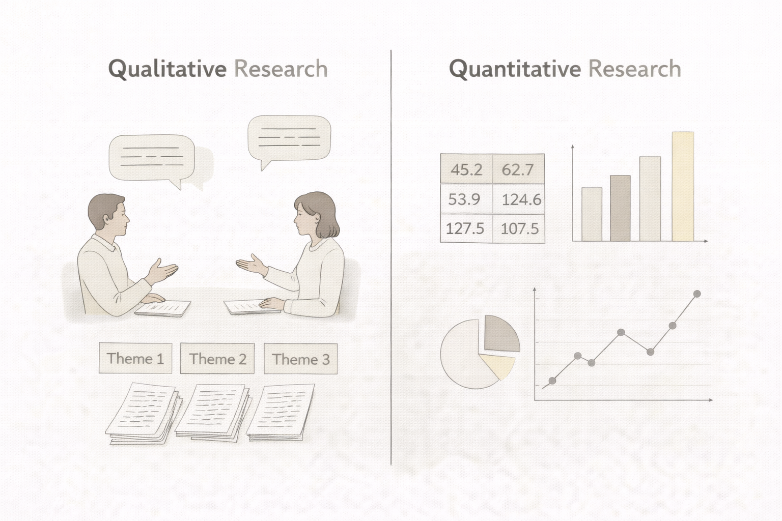 Clean academic split illustration comparing qualitative and quantitative research methods, showing interviews, text, and thematic analysis on one side and charts, numbers, and graphs on the other, presented in a neutral university-style colour palette.