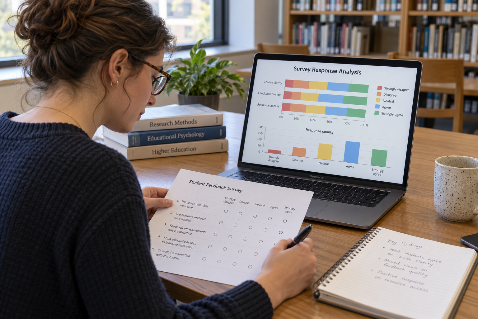 Researcher analysing Likert scale survey responses using a printed questionnaire and statistical charts on a laptop.
