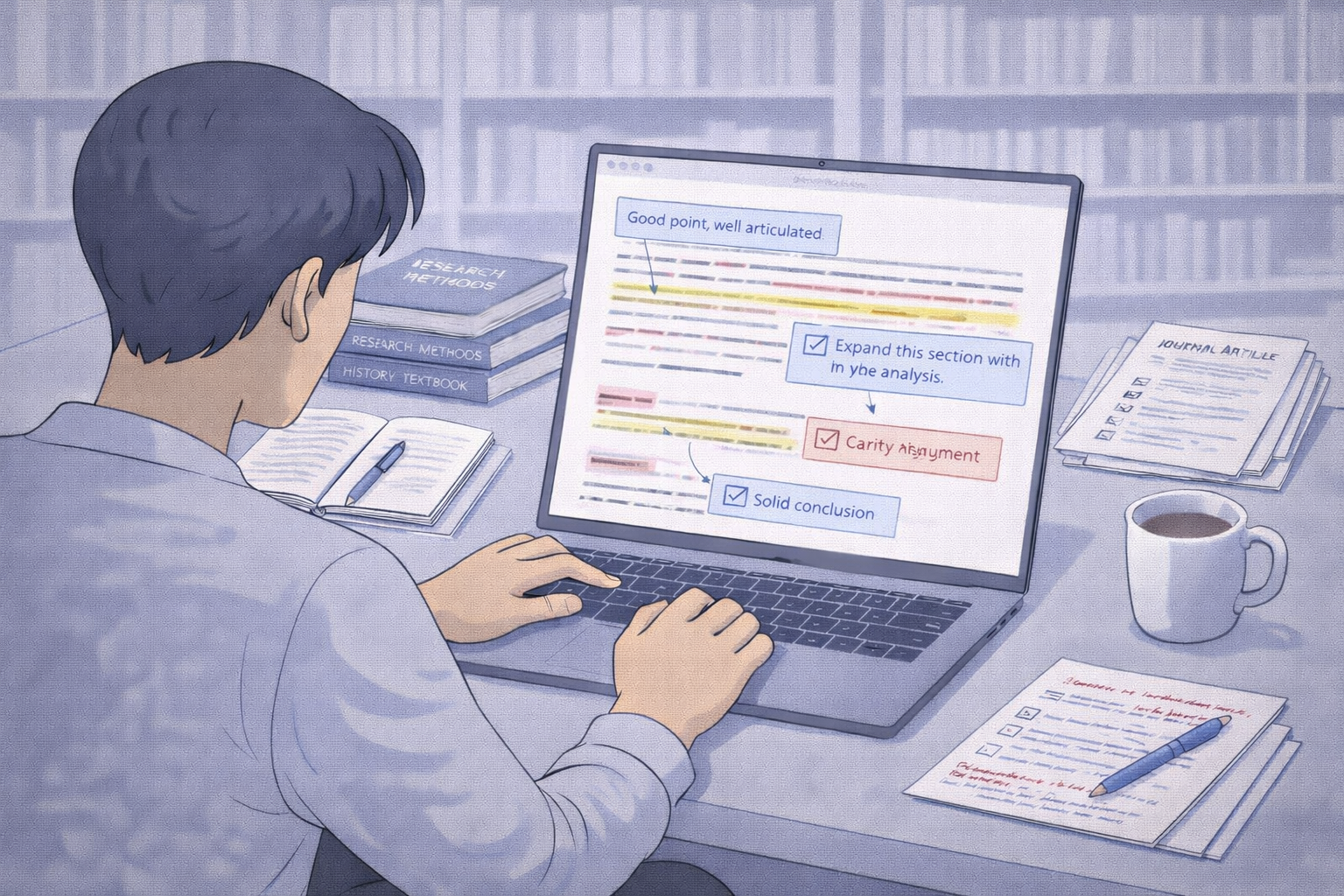Clean academic illustration of a university student working on an essay with structured feedback, showing a laptop displaying an annotated academic document alongside reference books and journal articles on a desk, set in a calm library or study-room environment with neutral scholarly colours.