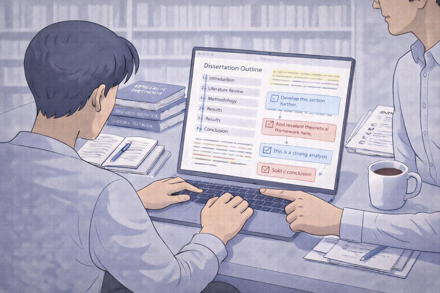 Professional academic illustration of a university student receiving dissertation guidance, with a laptop displaying a structured dissertation outline and annotated feedback notes, academic books and journals on a desk, set in a calm university environment with a clean, credible scholarly style.