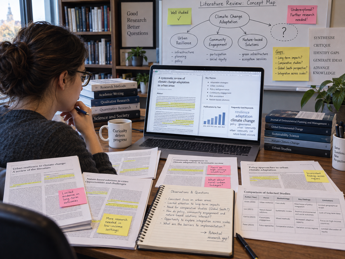 Researcher reviewing academic articles, highlighted notes, and a literature concept map to identify research gaps, limitations, and unanswered questions.