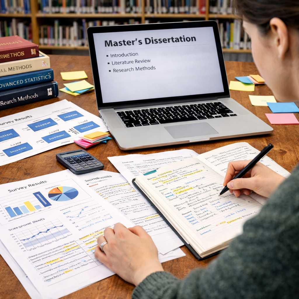 Graduate student working on a master’s dissertation at a university library desk with laptop, academic books, research notes, and charts in a focused study environment