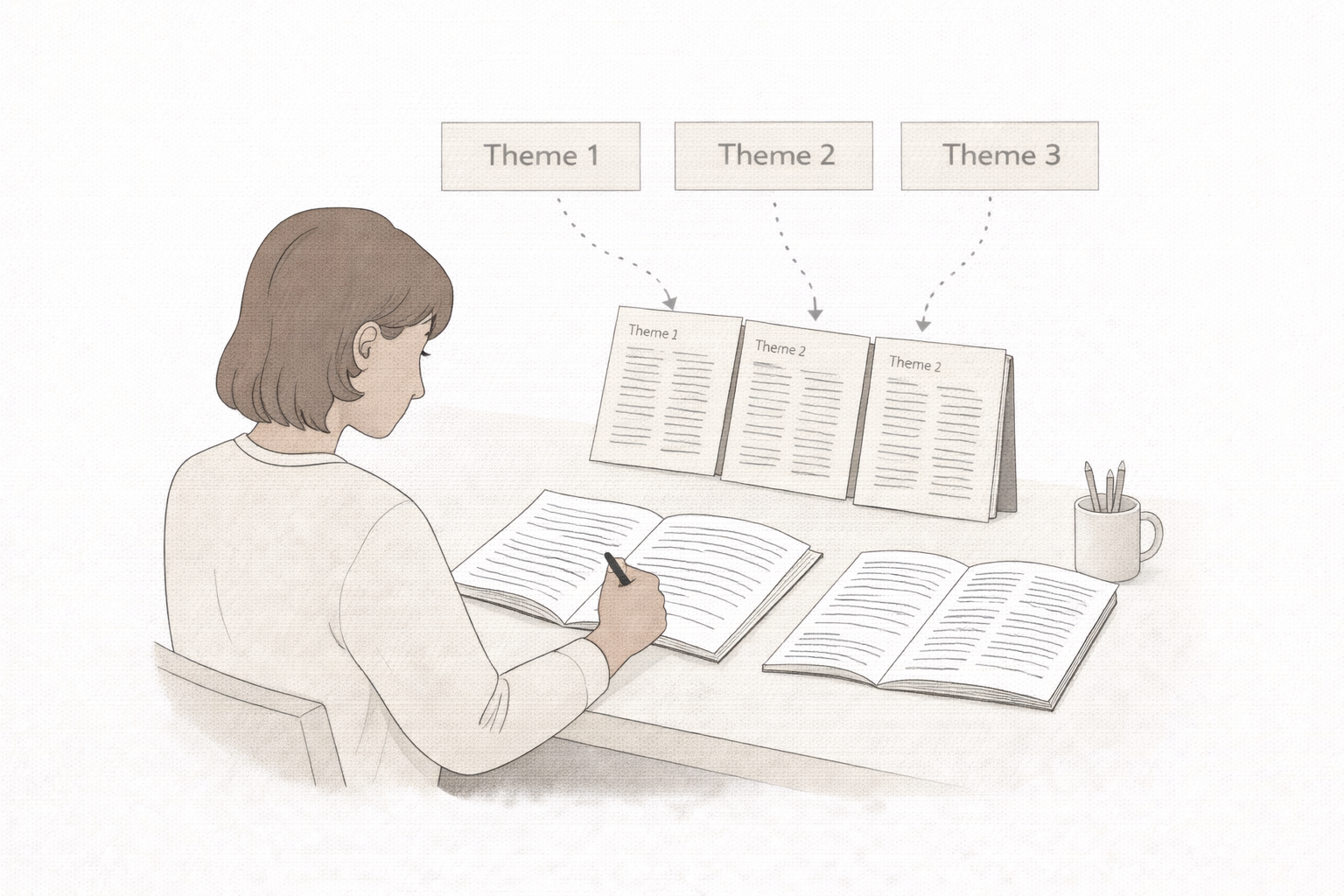 Minimalist academic illustration depicting a university student analysing multiple journal articles and synthesising key research themes, with documents, notes, and connecting visual elements arranged in a clean, neutral-toned academic style.