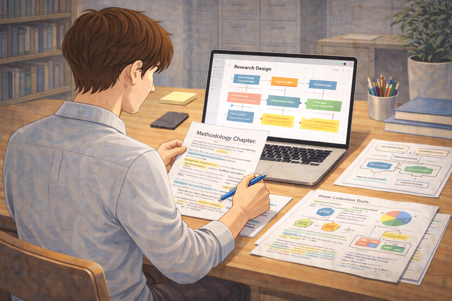 Academic illustration of a postgraduate researcher planning a methodology chapter at a desk, with research design diagrams on a laptop, data collection tools, and annotated methodology notes arranged neatly in a university study environment.