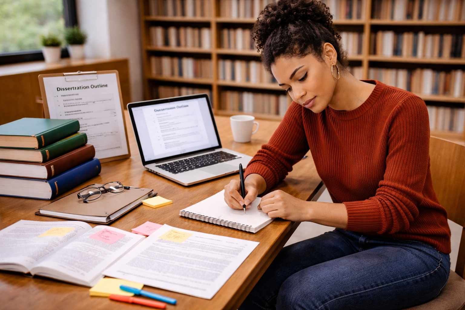 University student writing thesis research notes at a library desk with a laptop displaying a dissertation outline, surrounded by academic books and papers in a quiet study environment