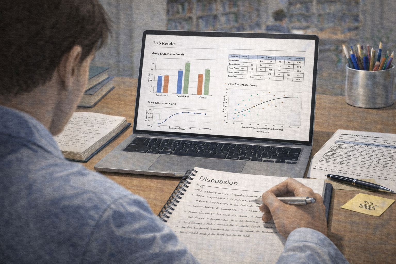 Academic illustration of a university science student analysing laboratory results and writing a discussion section at a desk, with graphs and data visible on a laptop screen, notebooks and printed results spread out, conveying a focused and professional academic atmosphere.