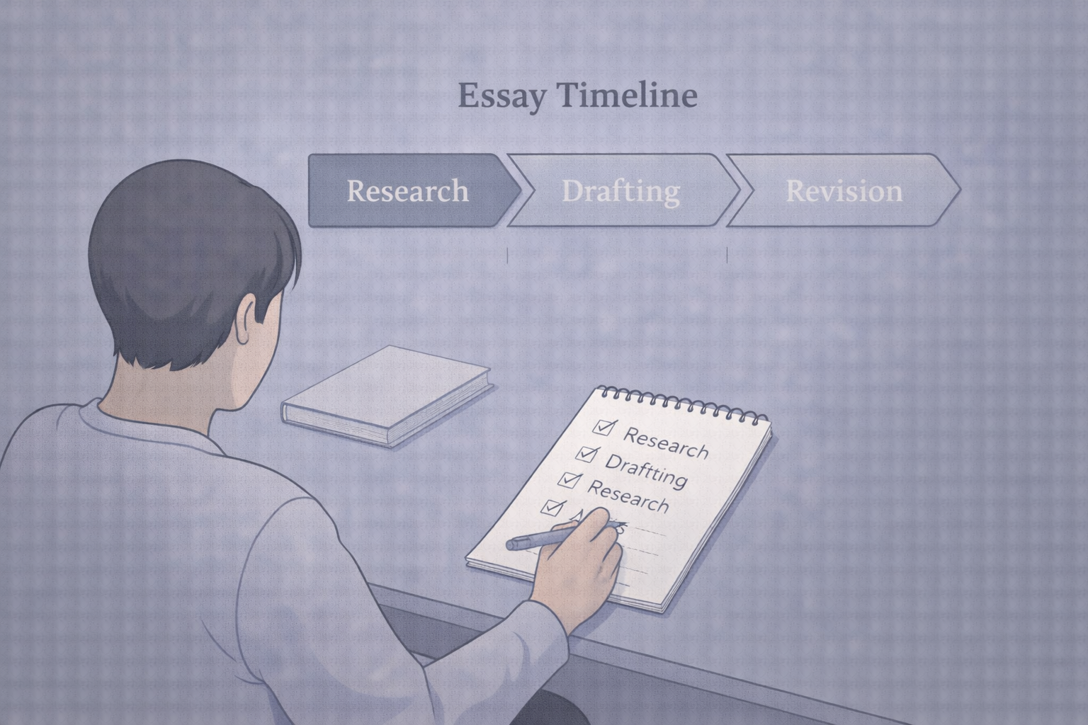 Minimalist academic illustration of a student planning an essay timeline, with segmented blocks for research, drafting, and revision, presented in a clean university style using neutral blue and grey tones and a professional instructional mood.