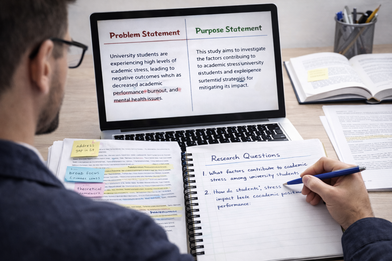 Graduate student comparing a problem statement and purpose statement on a laptop screen, with annotated notes and textbooks on a study desk.
