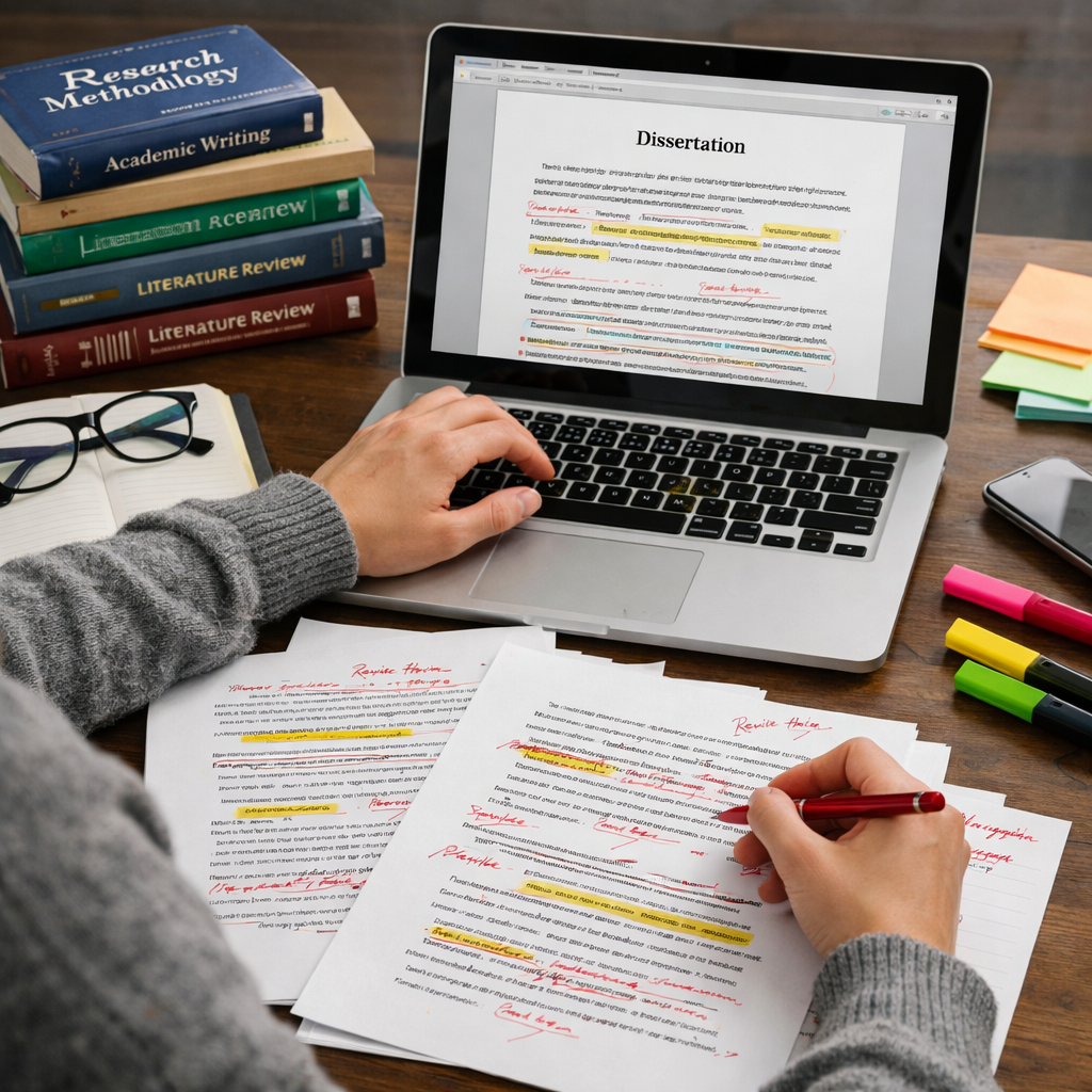 Graduate student editing a thesis manuscript at a desk with a laptop, annotated dissertation pages, academic books, and colorful highlighters in a focused study environment.