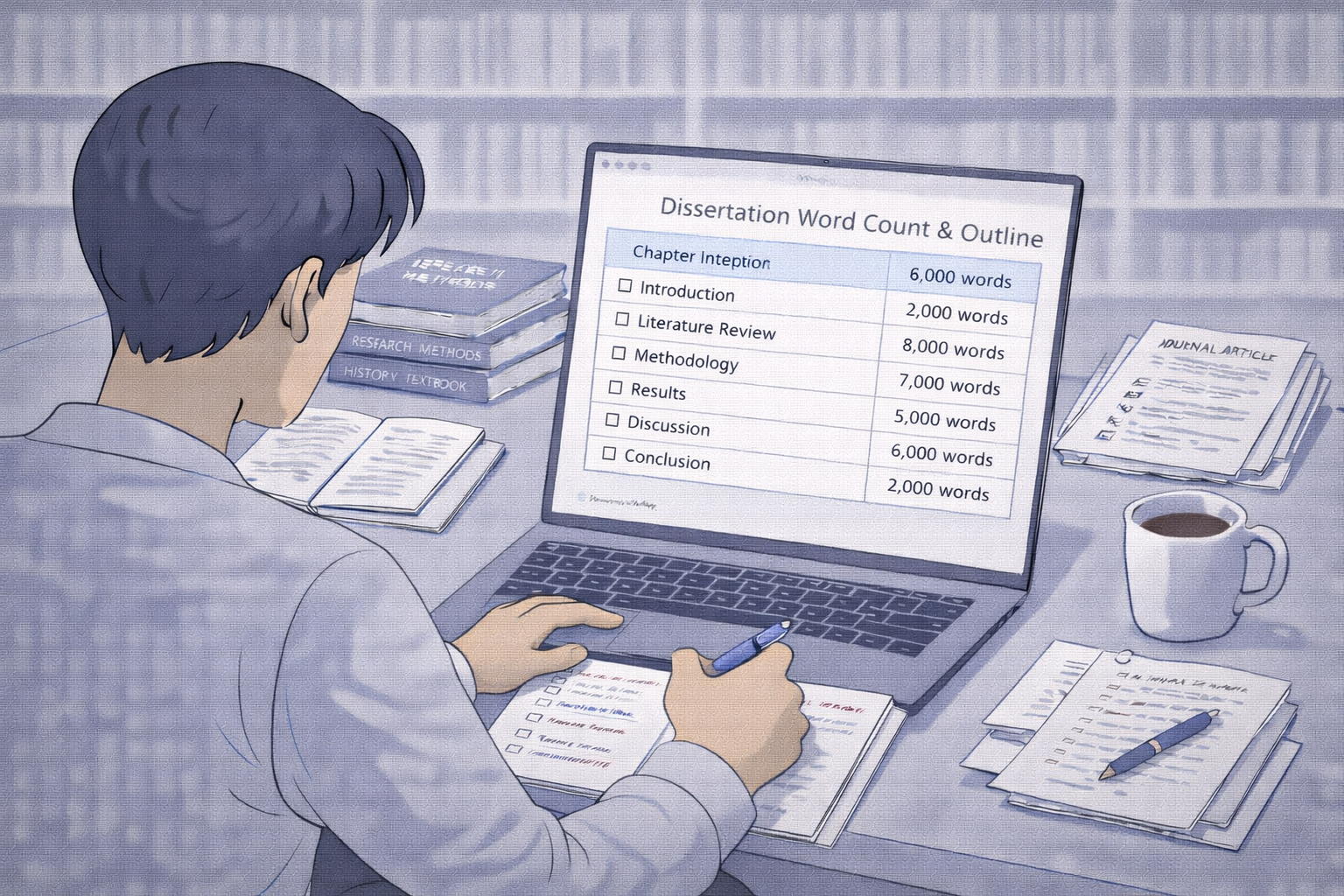 Professional academic illustration of a postgraduate student reviewing a dissertation word count and chapter outline on a laptop, with clearly labelled chapter sections and word targets, alongside printed notes and academic books on a desk in a clean university style with neutral scholarly colours.