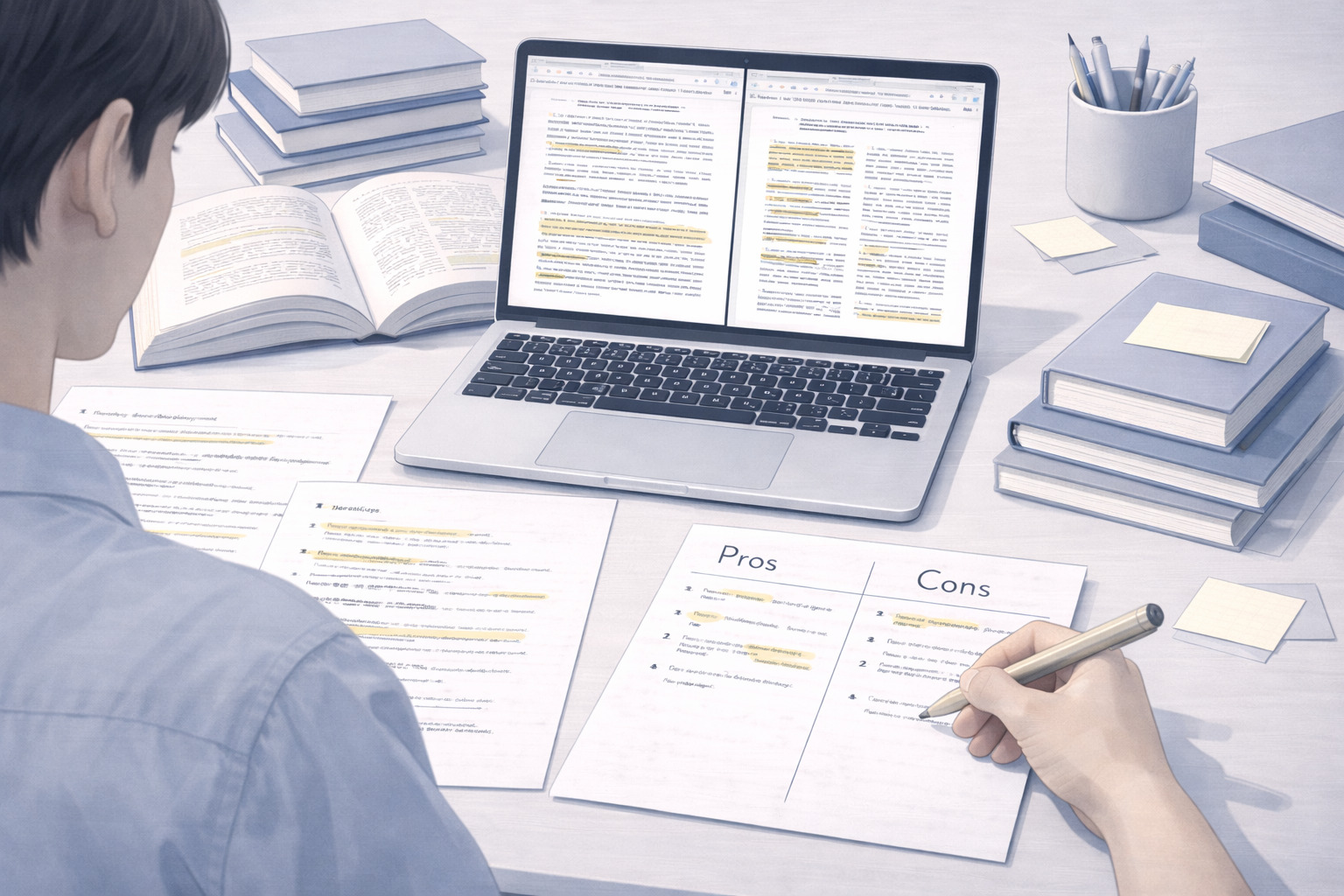 Academic illustration of a university student researching argumentative essay topics at a desk, with a laptop displaying journal articles, academic books nearby, and handwritten notes outlining the pros and cons of a debate topic.