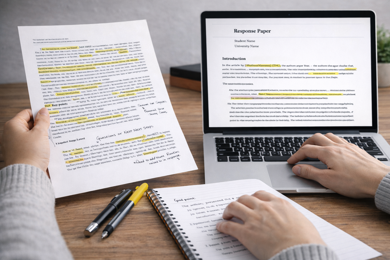 University student reviewing a printed academic article with highlighted passages while typing a response paper on a laptop, with structured notes spread across a study desk.