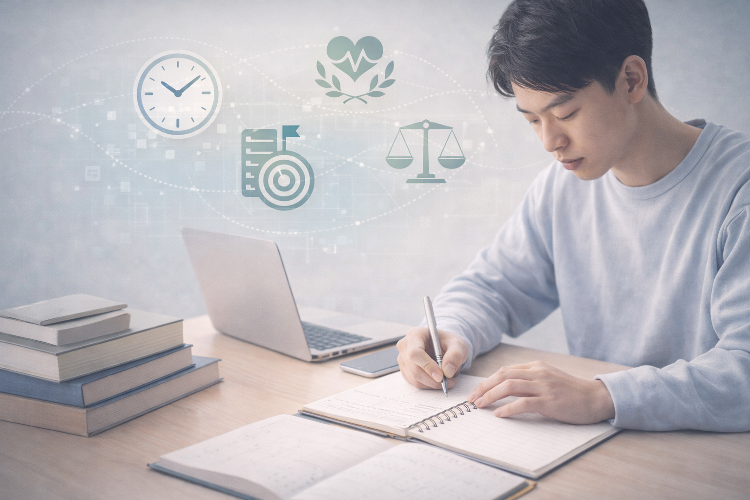 Academic student-success cover image showing a focused student studying at a desk with a planner, laptop, and books, accompanied by subtle icons representing time management, goal setting, wellbeing, and balance, rendered in neutral blue and green tones with a clean, modern educational aesthetic.