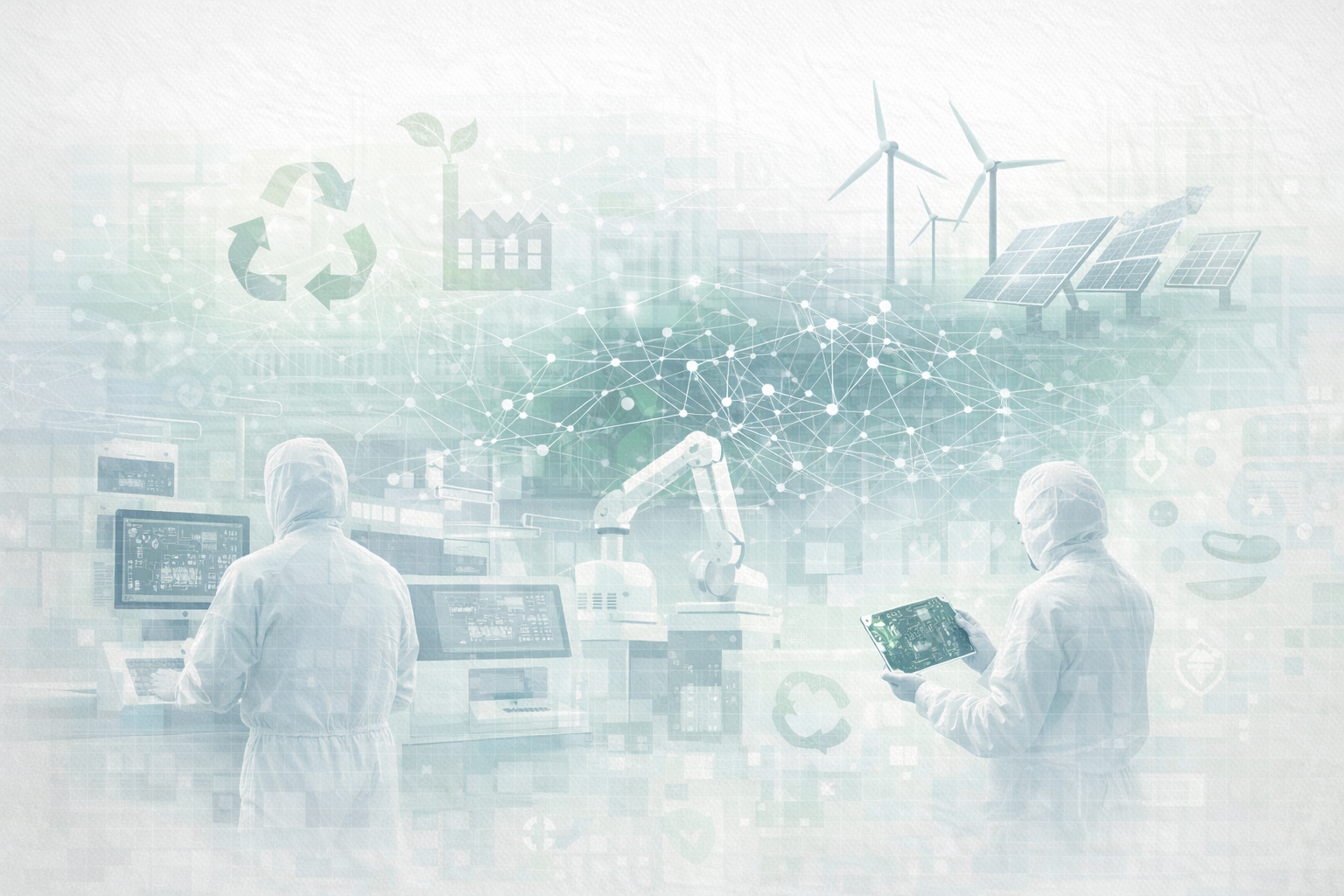 Academic corporate strategy illustration showing a modern electronics manufacturing environment blended with AI network patterns, circular-economy symbols, and clean-energy visuals, representing sustainability and advanced technology in strategic management.