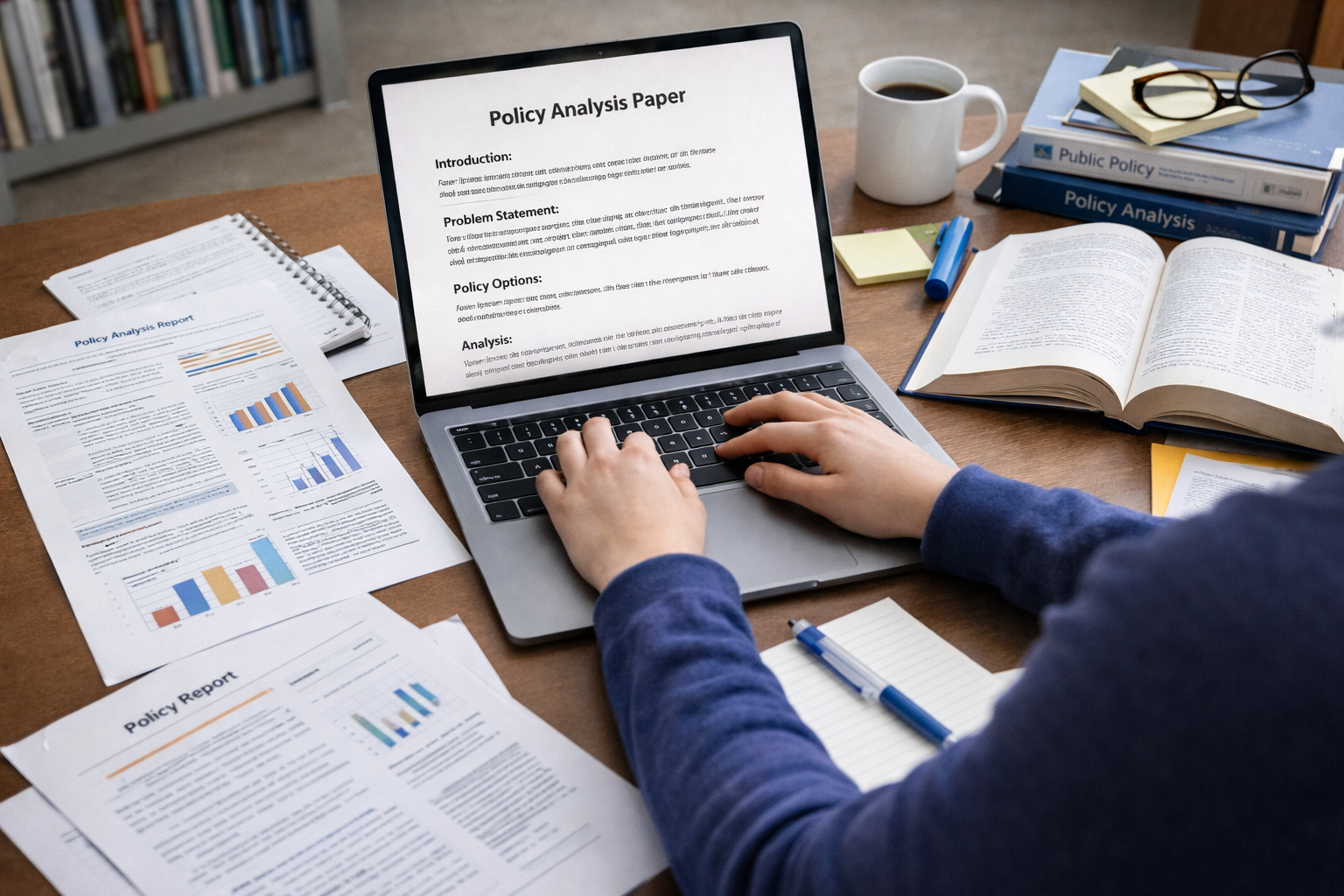 Student writing a policy analysis paper on a laptop, surrounded by printed policy reports, statistical graphs, and academic reference books in a quiet study environment.