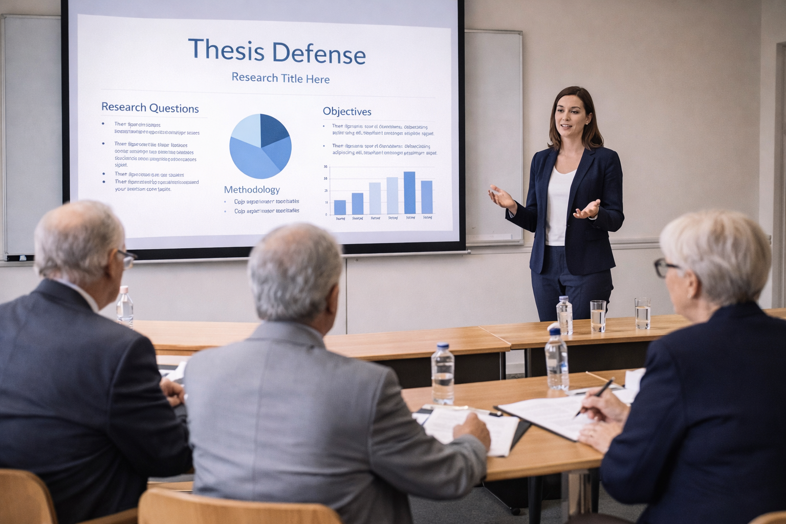 Graduate student presenting a thesis defense in a university seminar room with professors seated as an academic committee and presentation slides displayed on a projector