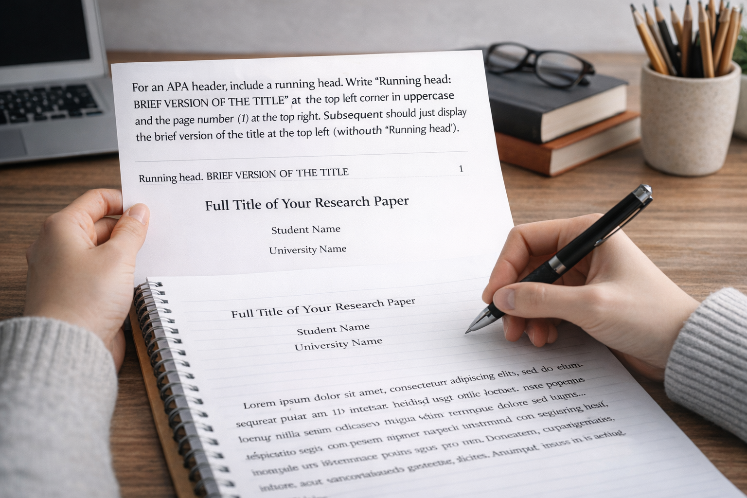 Student writing a research paper at a desk with an APA-formatted title page visible, showing running head instructions and page number placement at the top of the document.