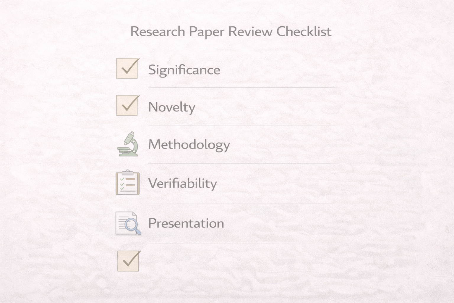 Minimalist academic infographic illustrating a five-step research paper review checklist, visually representing significance, originality, methodological rigor, verifiability of evidence, and clarity of presentation in a clean, neutral university-style design.