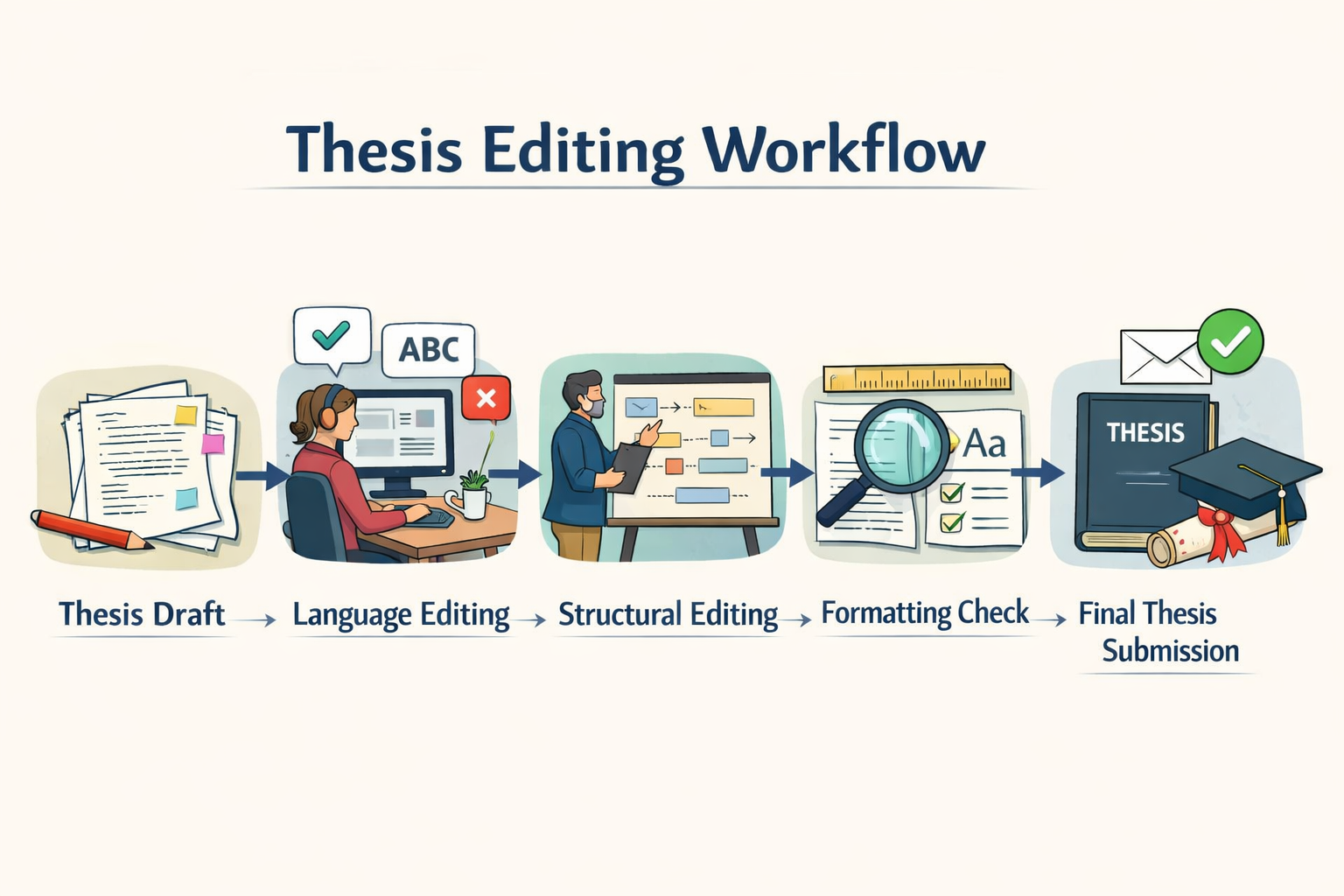 Minimalist academic infographic illustrating the thesis editing workflow, showing five stages in sequence: thesis draft, language editing, structural editing, formatting check, and final thesis submission, each represented with clean icons and a horizontal process flow.