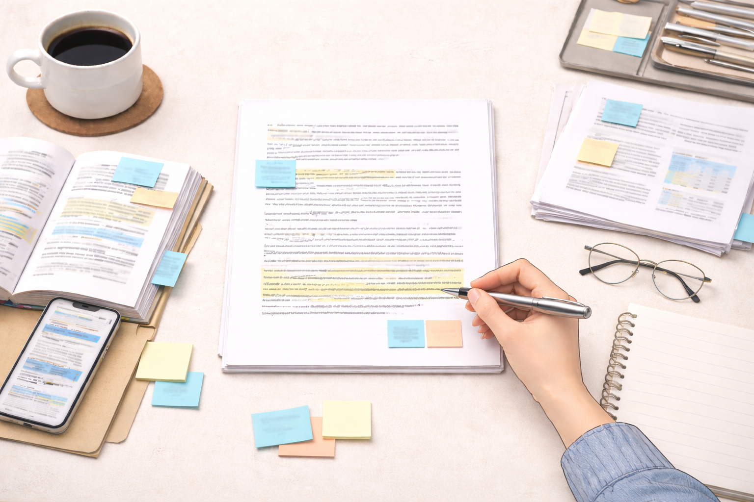 Minimalist academic illustration showing the final paragraph of an essay being reviewed on a clean university desk, with notes, highlighted sections, and a pen arranged neatly in professional neutral tones.
