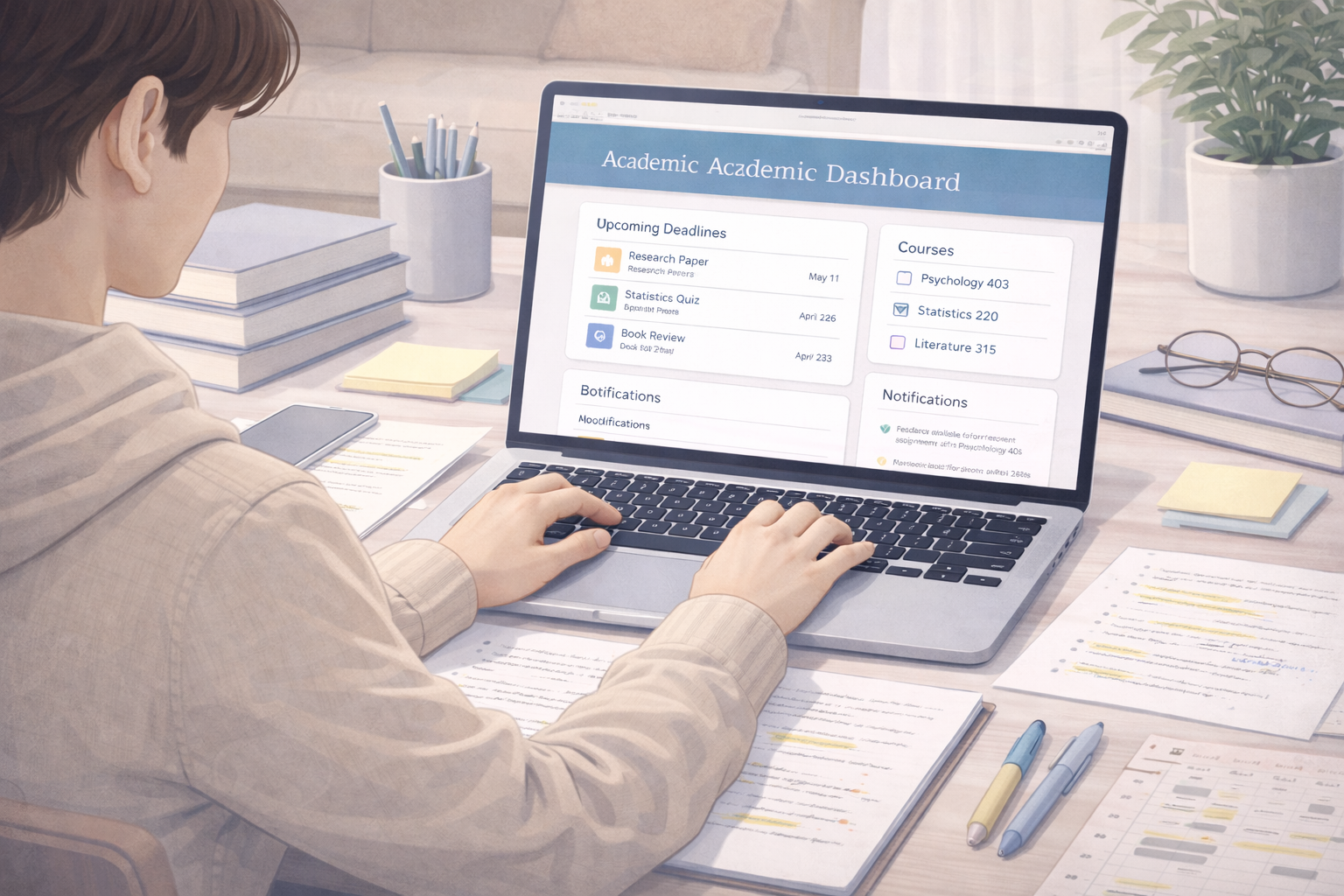 Academic illustration of a university student studying on a laptop at home, with books and notes spread across a desk and an online academic dashboard visible on the screen showing courses and upcoming deadlines.