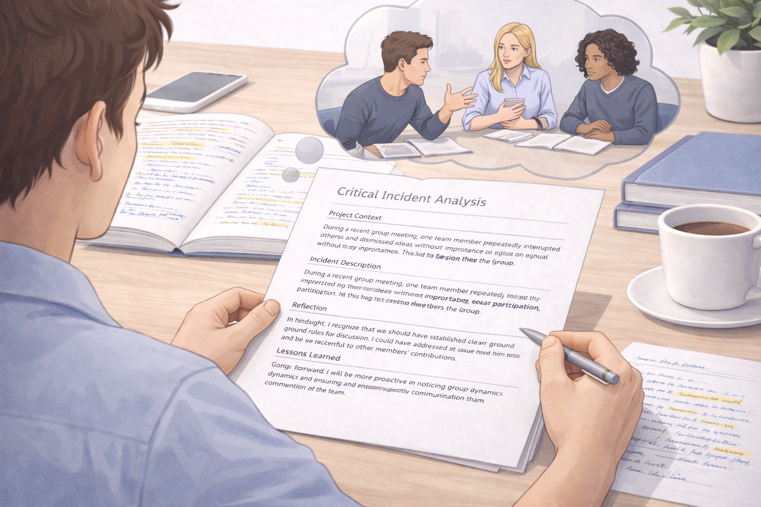 University student reviewing handwritten notes titled “Critical Incident Analysis,” reflecting on a group project scenario at a desk in a focused academic study environment.