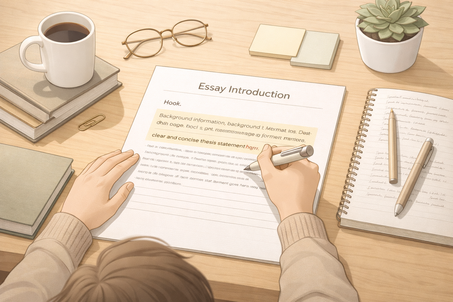 Minimalist academic illustration of a university student drafting an essay introduction at a desk, with books, notes, and writing materials arranged neatly in a professional, neutral scholarly colour palette.