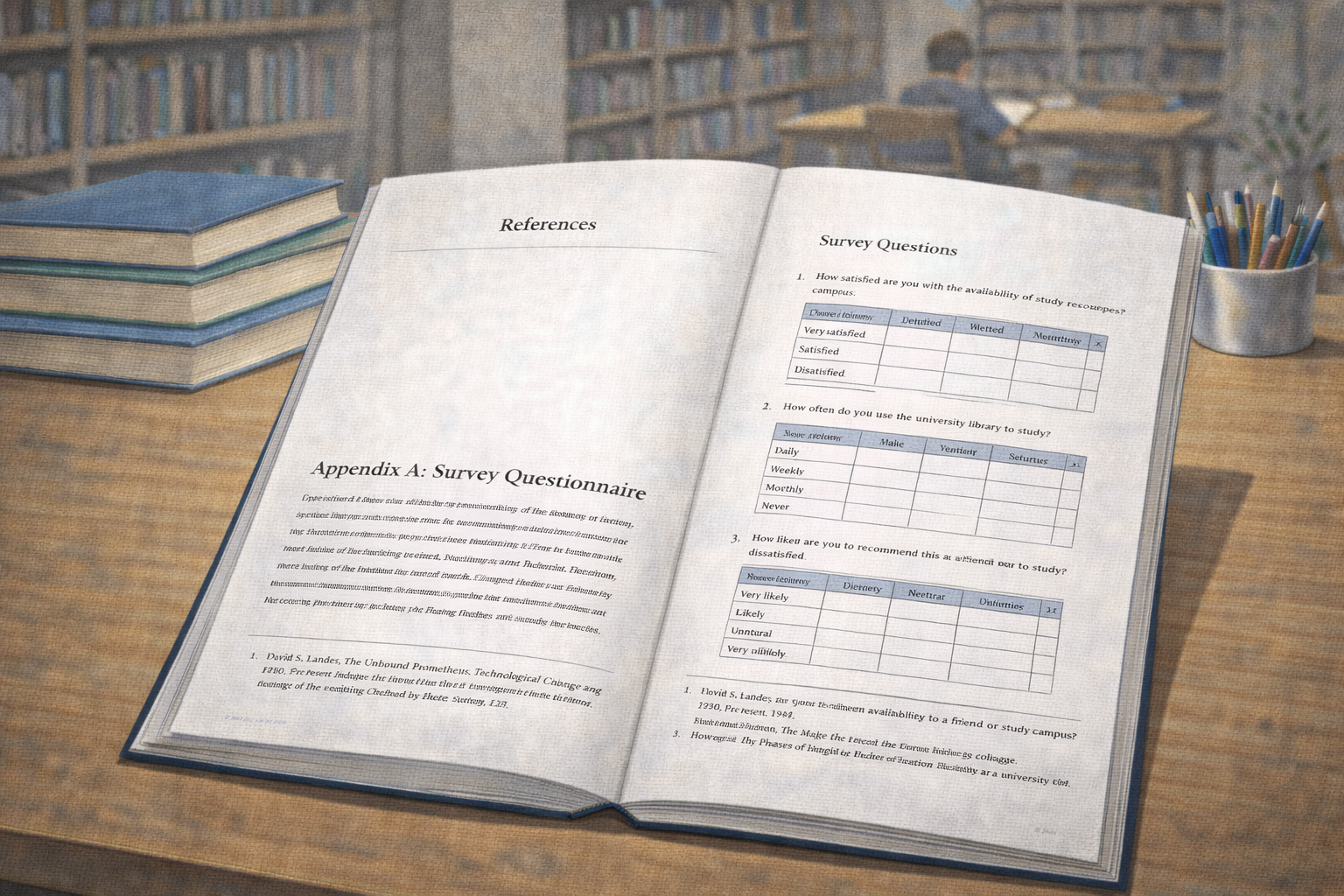 Academic illustration of a professional report layout with the reference list followed by a clearly labelled “Appendix A: Survey Questionnaire” section, showing structured tables and supplementary documents arranged in a clean scholarly setting.