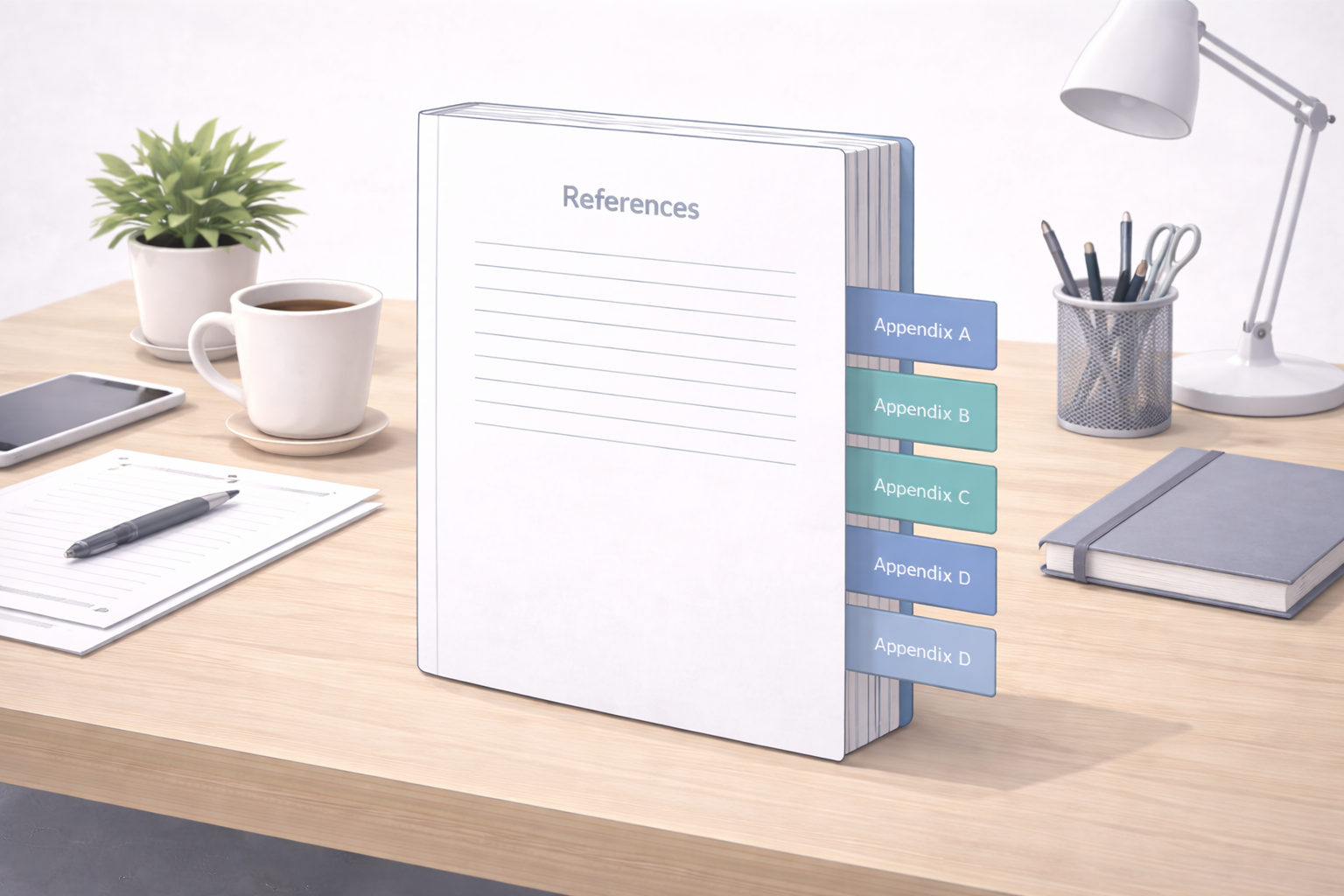 Minimalist academic illustration of a bound dissertation displayed on a modern desk with different study essentials, showing appendices clearly placed after the references section in a clean, professional university style with neutral scholarly tones.