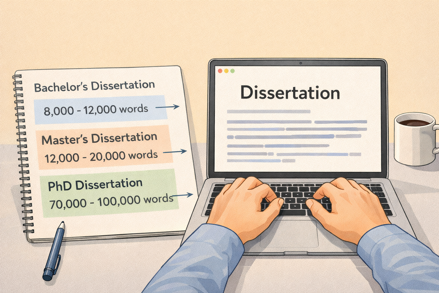 Academic illustration of a student writing a dissertation on a laptop, with a notebook displaying labeled word count ranges for bachelor’s, master’s, and PhD dissertations in a clean study environment.