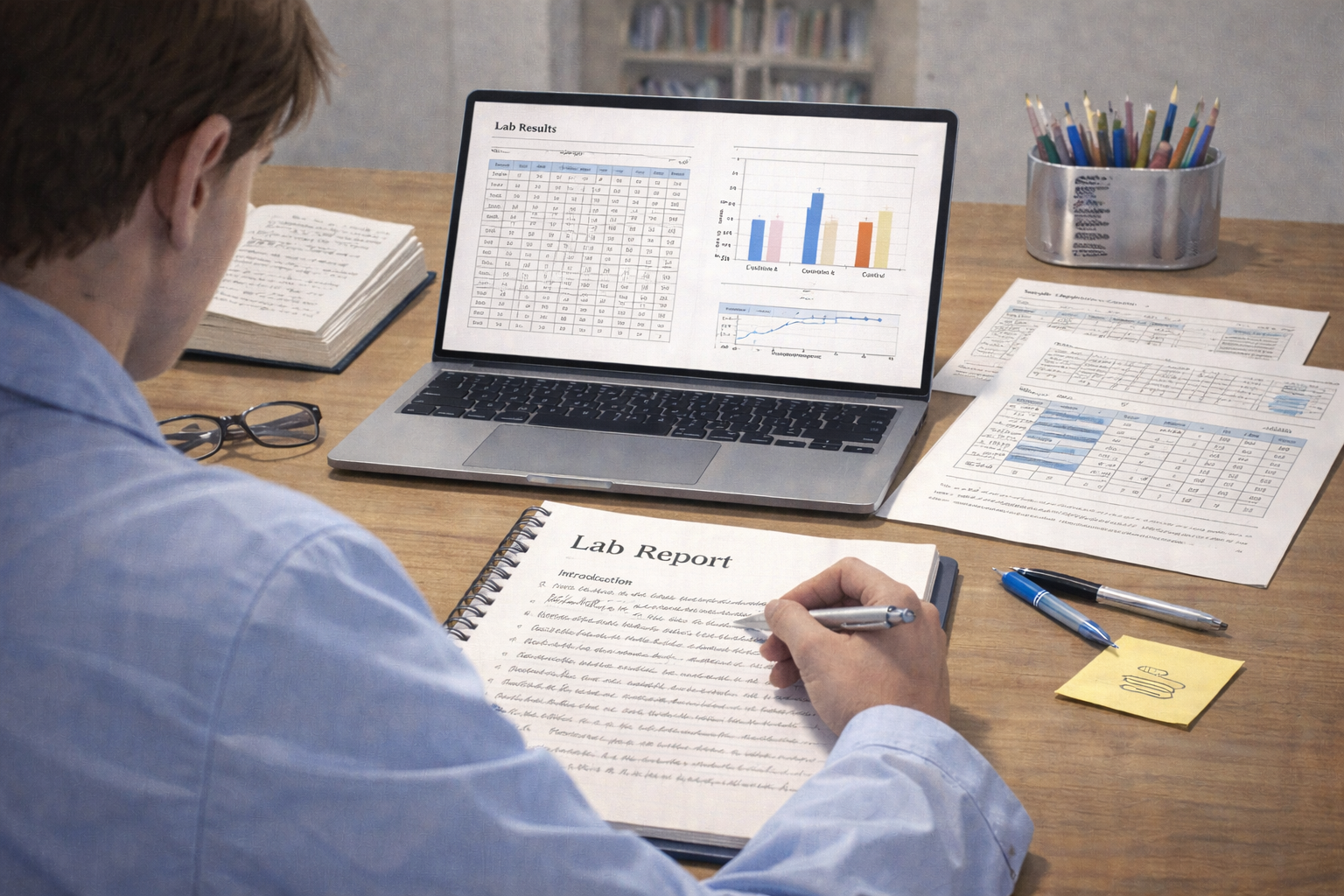 Academic illustration of a university science student writing a lab report at a desk, with notebooks, lab data sheets, and a laptop displaying experimental results, set in a neutral, professional academic environment.