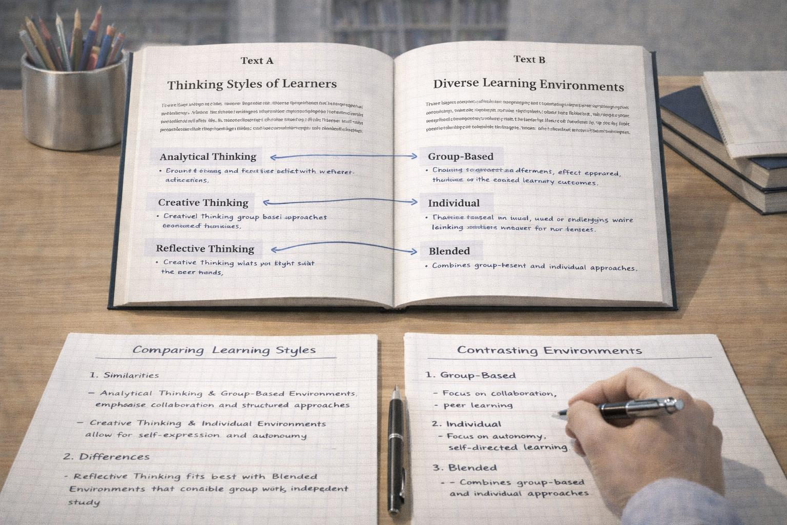 Academic illustration of a split study desk showing two texts placed side by side, with comparison arrows, structured outlines, and annotated notes highlighting similarities and differences, presented in a clean university study aesthetic.