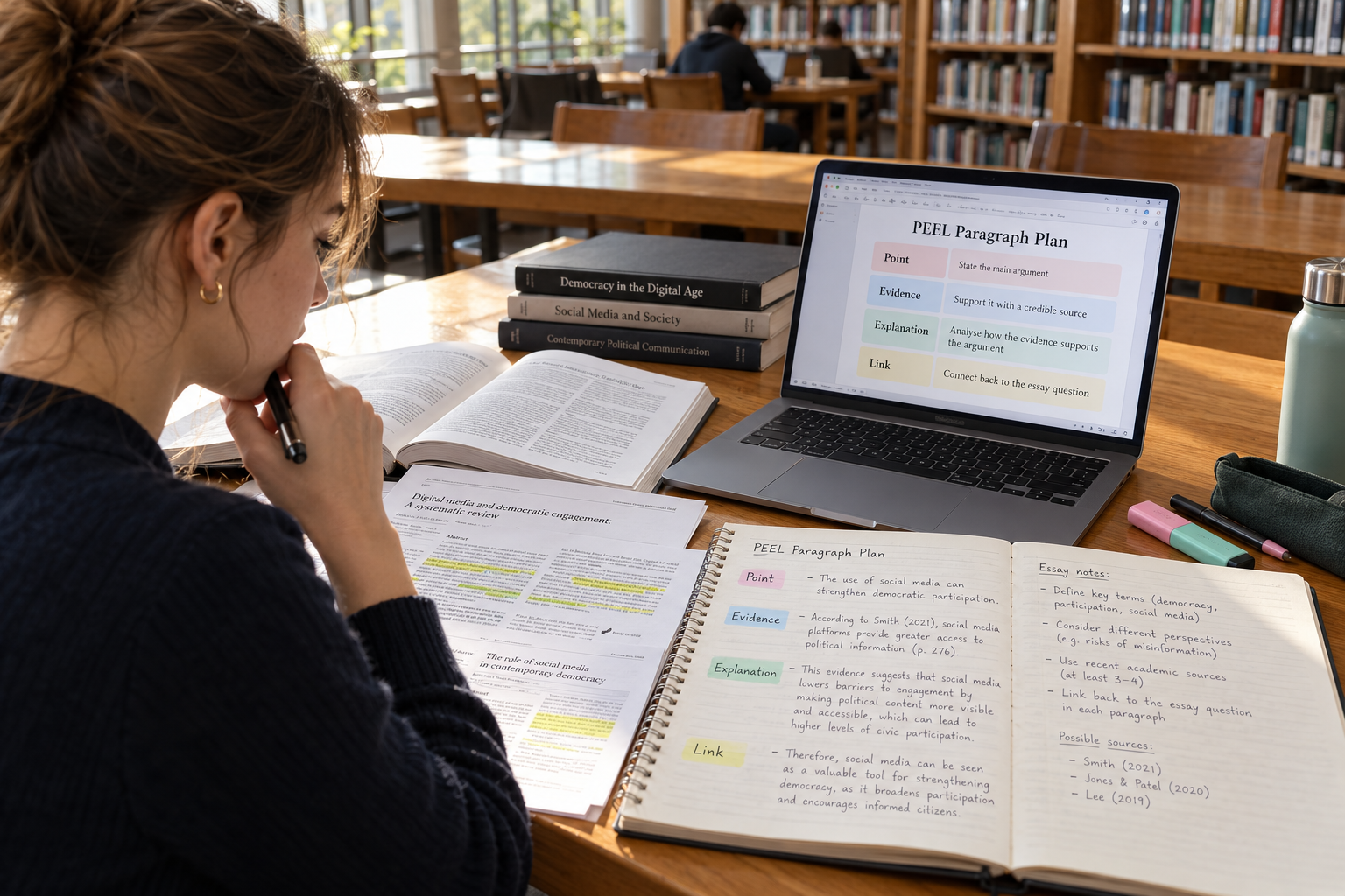 University student planning a PEEL paragraph with Point, Evidence, Explanation, and Link alongside journal articles and essay notes.