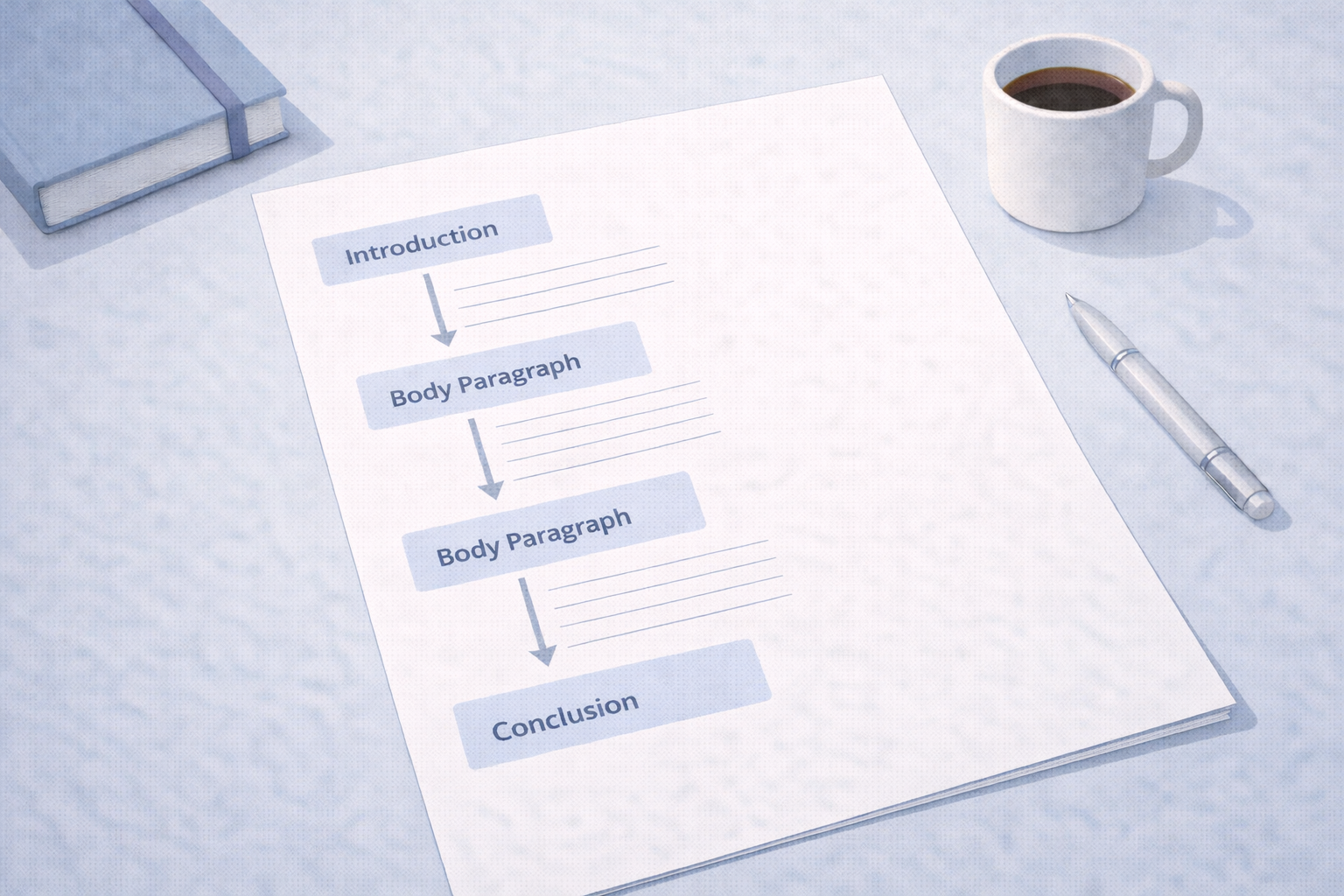 Clean academic illustration of a university essay outline arranged in a logical flow, showing introduction, body paragraphs, and conclusion on a minimalist desk in neutral blue and grey scholarly tones.