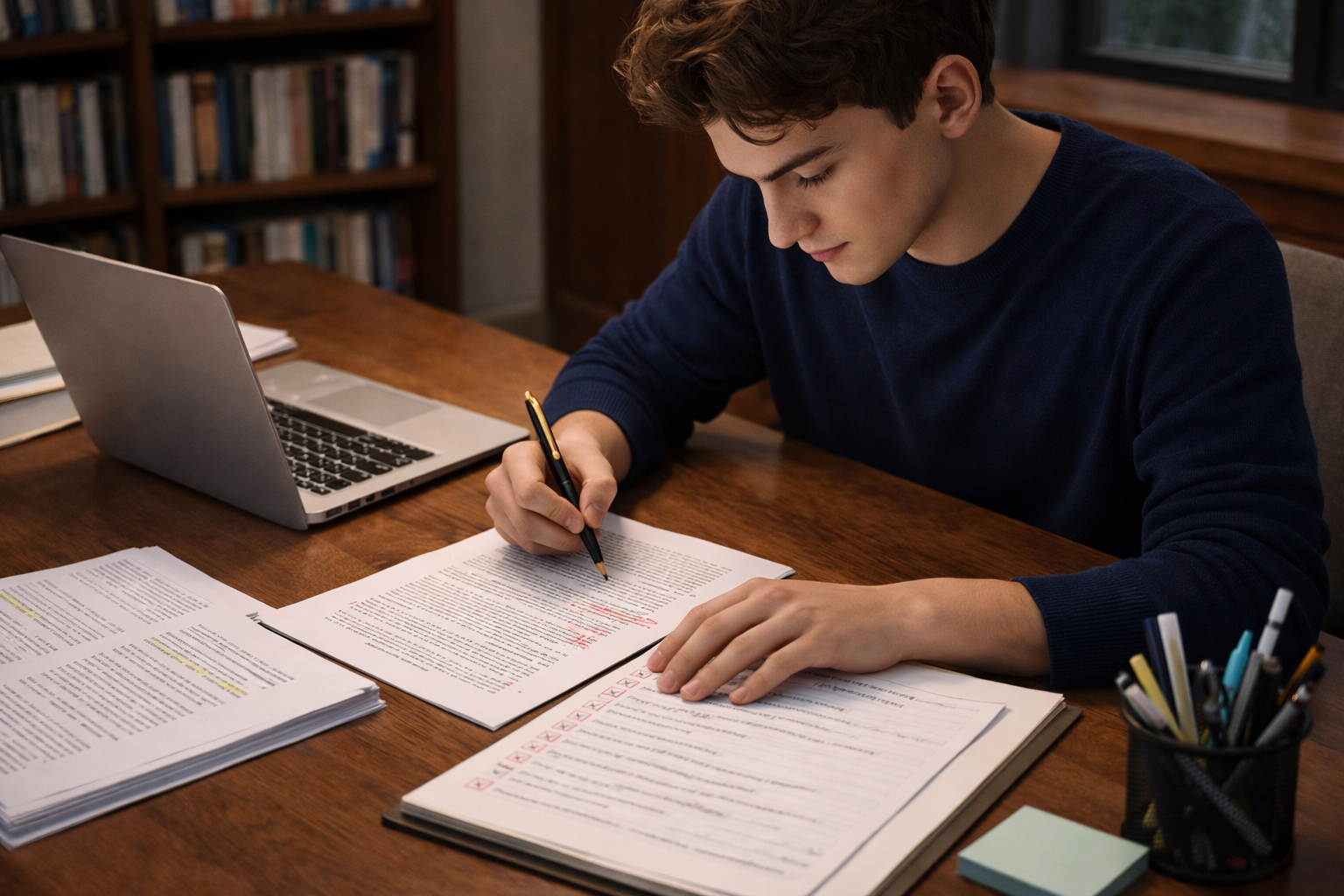 Student proofreading a printed thesis with a pen and checklist beside a laptop in a quiet, organized academic workspace