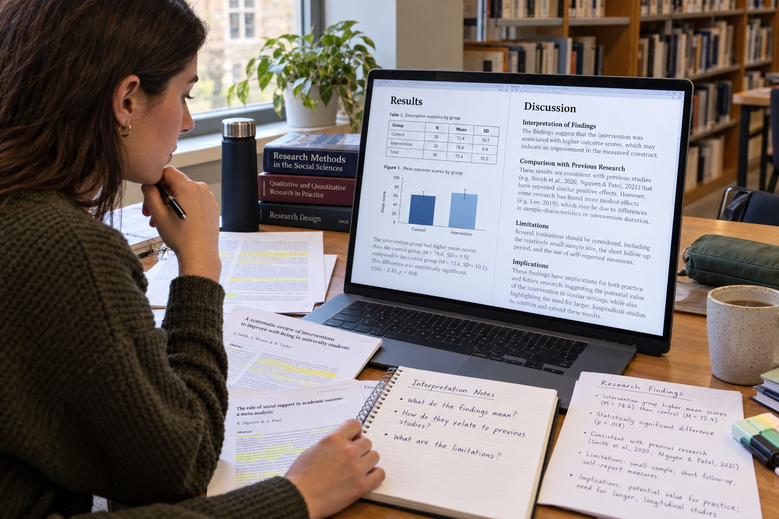 Postgraduate researcher comparing Results and Discussion sections on a laptop using statistical tables, journal articles, and interpretation notes.