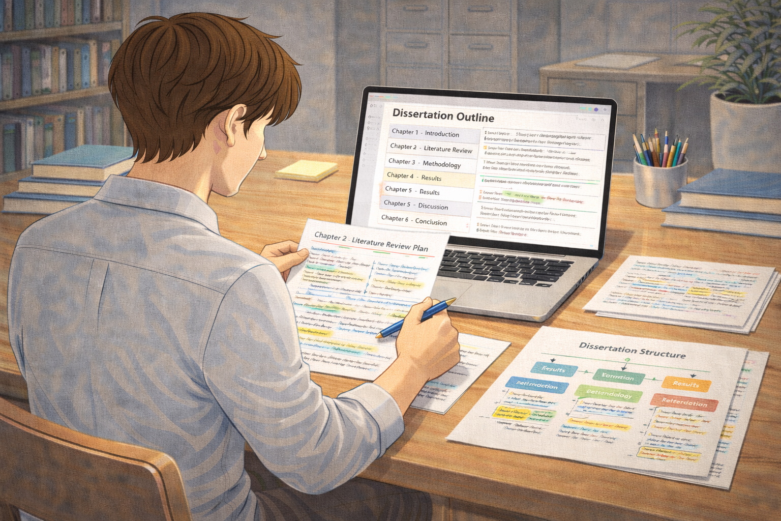 Academic illustration of a graduate student reviewing a dissertation outline on a laptop, with printed chapter plans, annotated notes, and a structured flow diagram arranged neatly on a desk in a focused study environment.
