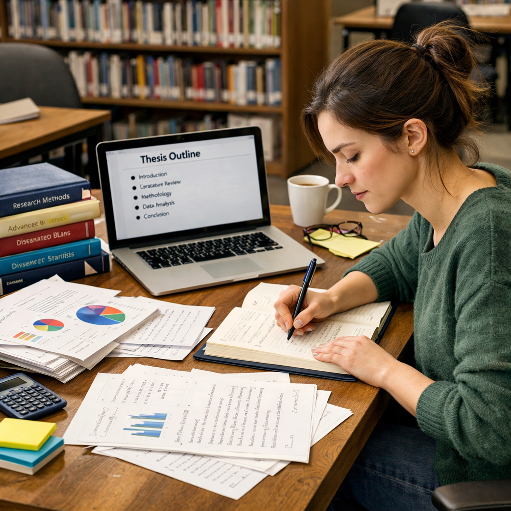 PhD student writing dissertation at a university desk with laptop, academic books, research papers, charts, and thesis outline in a focused study environment