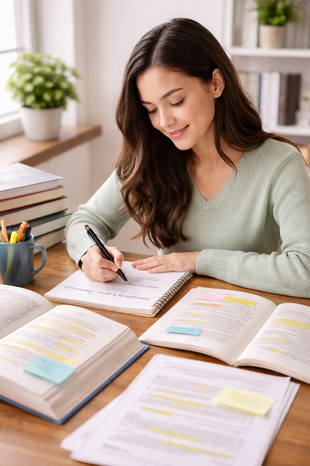 University student drafting a research problem statement at a desk surrounded by academic books and highlighted journal articles.