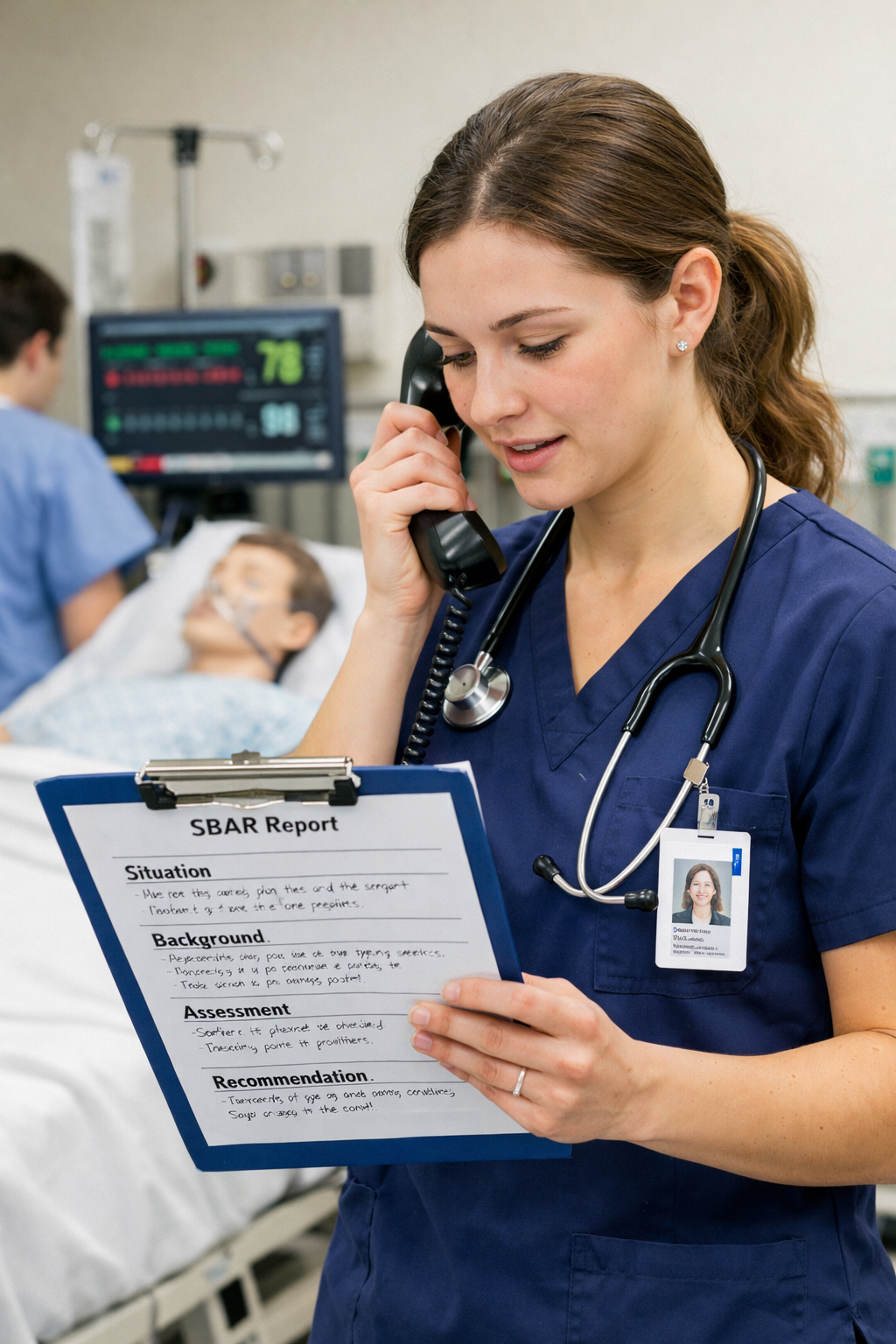 Nursing student practicing SBAR communication in a clinical simulation lab while reviewing patient notes and holding a clipboard.