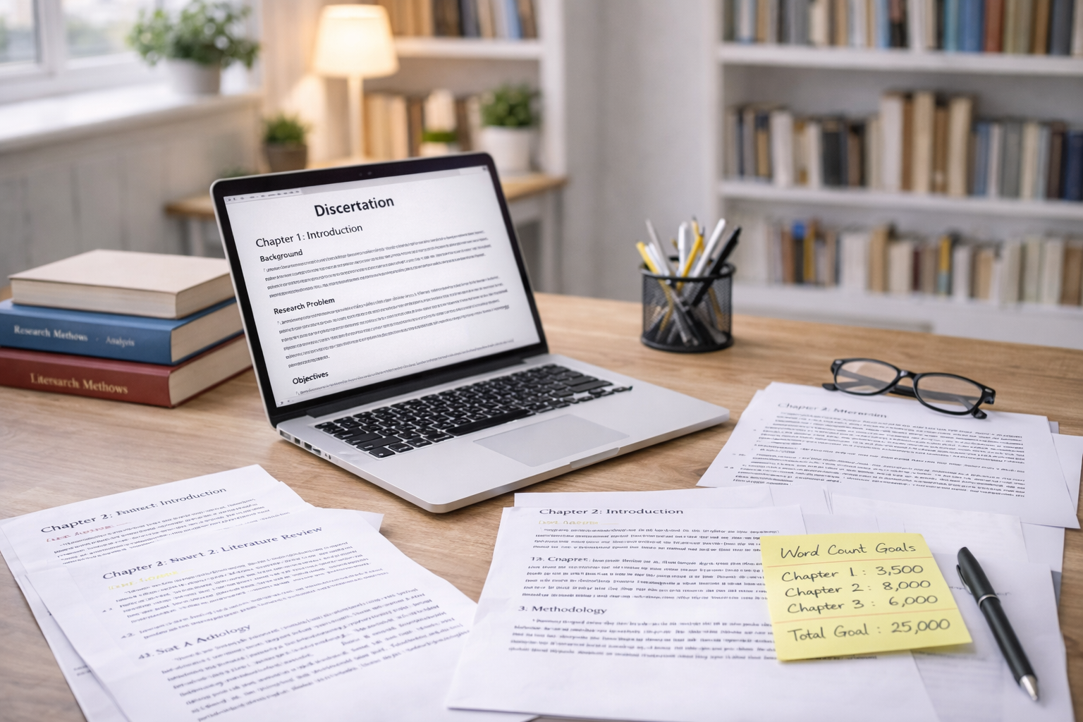 Academic thesis manuscript on a desk with word count notes, a laptop displaying a dissertation document, and research books arranged around a clean academic workspace