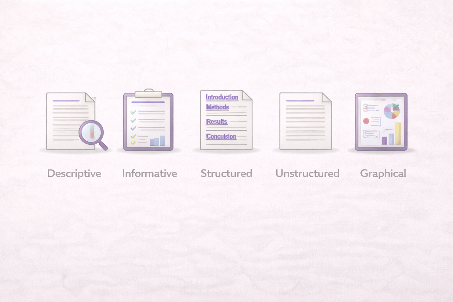 Minimalist academic infographic illustrating five types of research abstracts, represented by distinct document icons for descriptive, informative, structured, unstructured, and graphical formats, designed in a clean university style with purple accent tones.