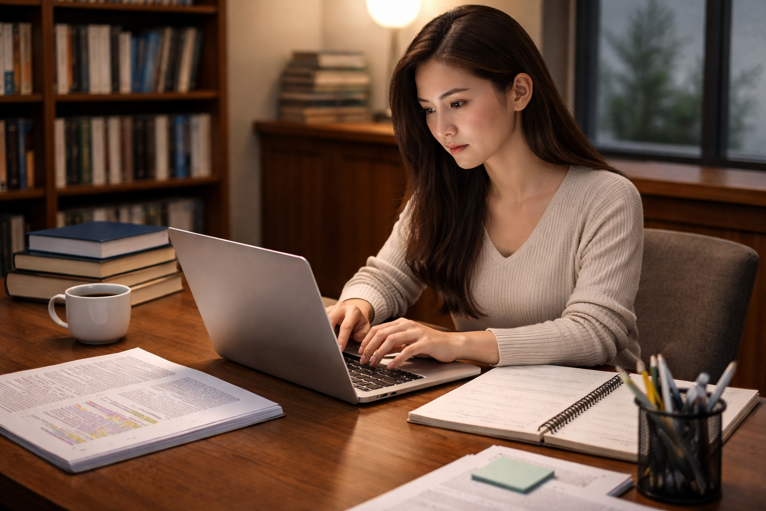 Postgraduate student working on a master’s thesis on a laptop with academic books and notes in a quiet, focused study environment