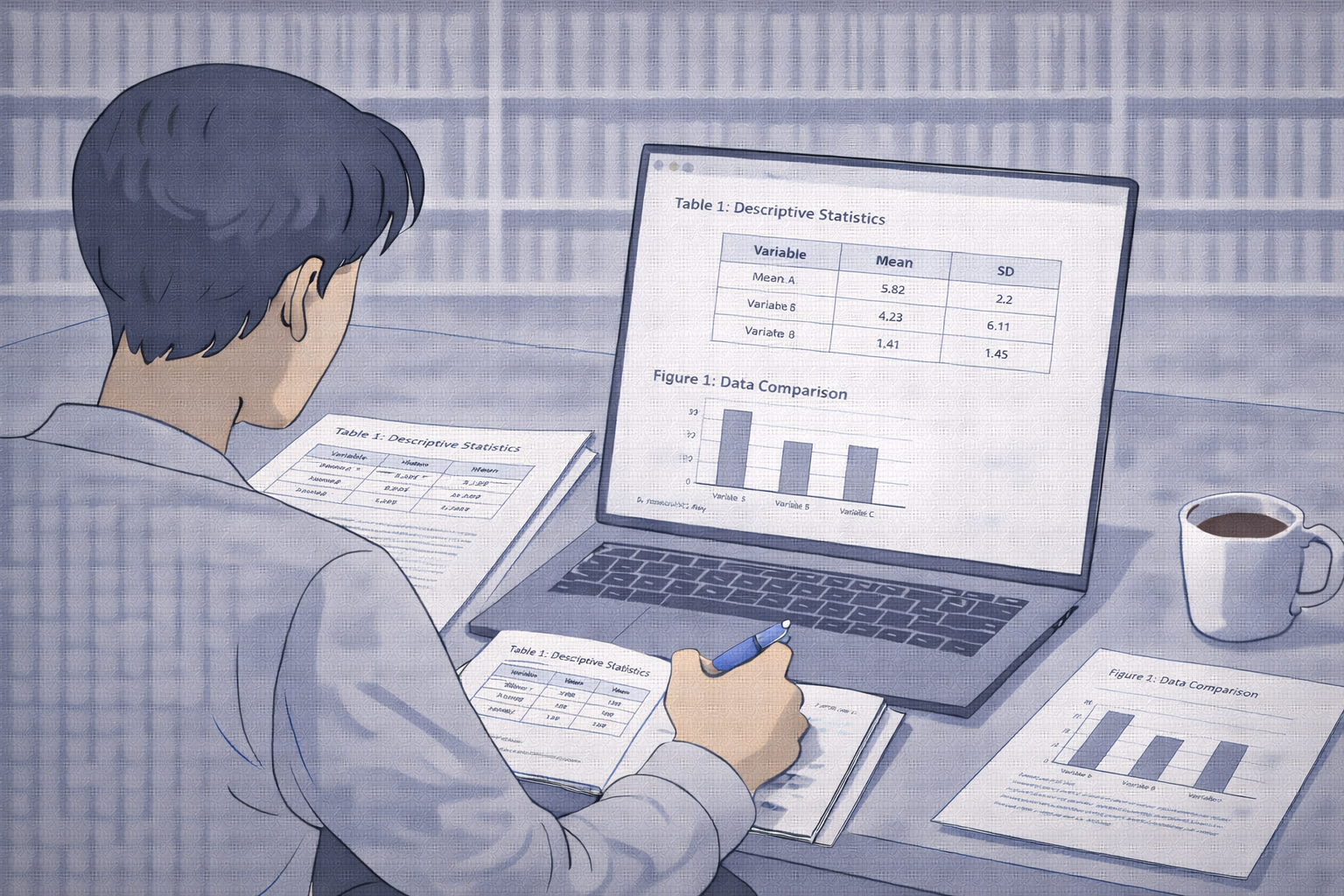 Professional academic illustration of a university student reviewing a research paper on a laptop, with neatly formatted tables and graphs visible on the screen and printed pages labelled “Table 1” and “Figure 2” arranged on a desk, presented in a clean, minimal university style with neutral scholarly colours.