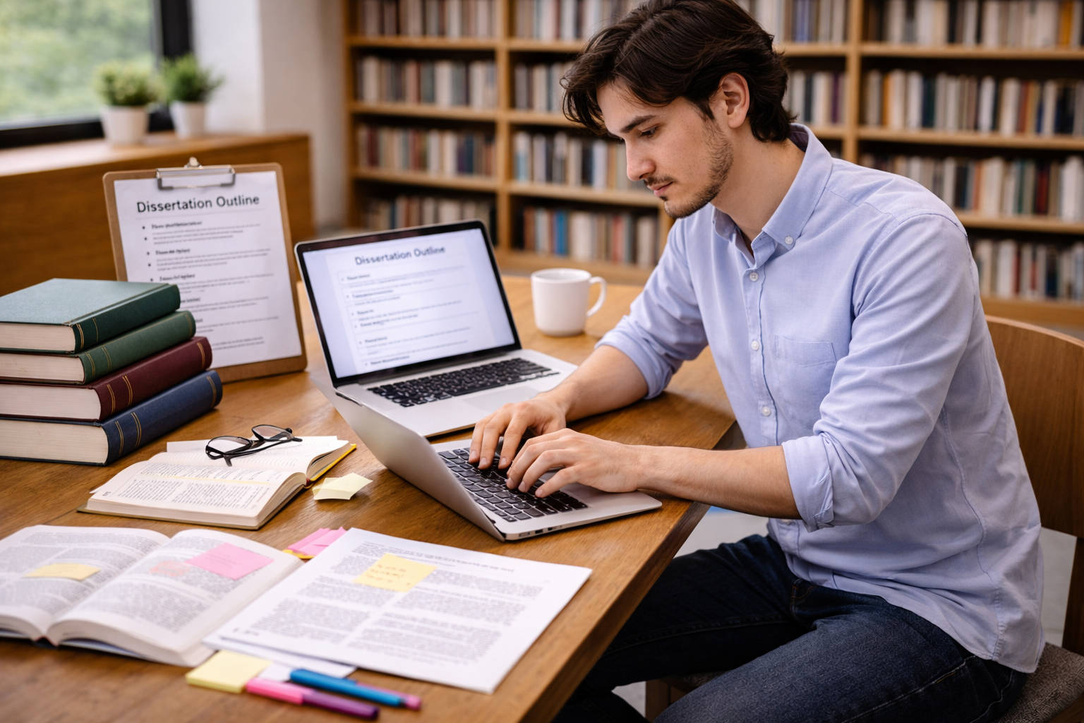 University student working on thesis research on a laptop in a quiet library, with academic books, notebooks, research papers, and a dissertation outline arranged on a study desk