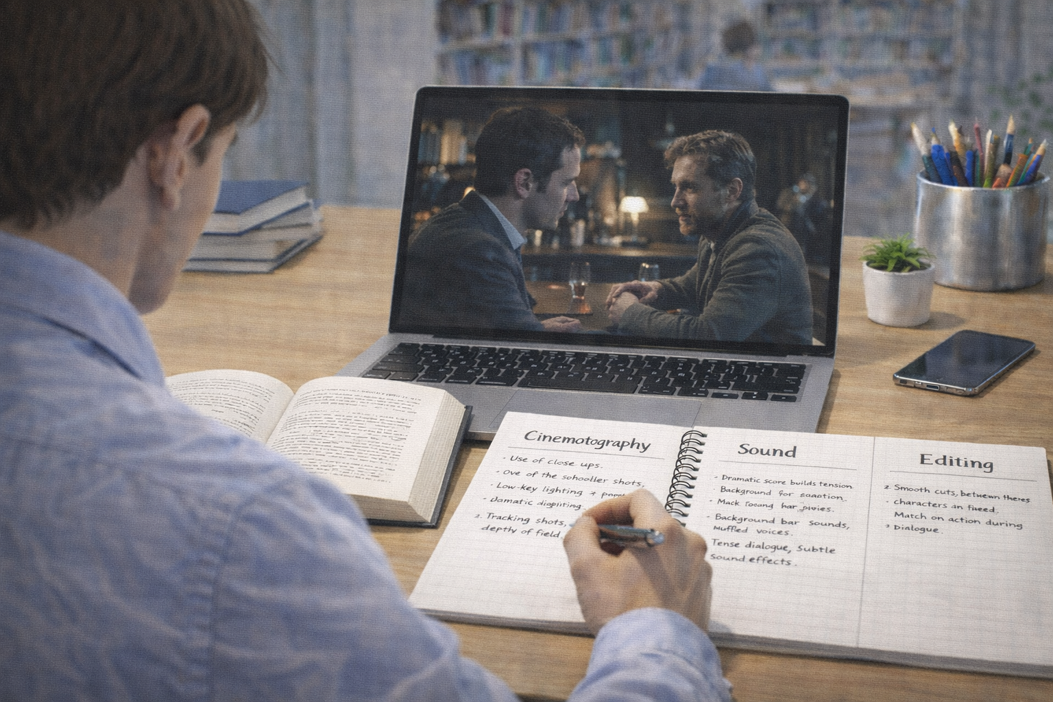 Academic illustration of a university student analysing a film scene on a laptop, with notes on cinematography, sound, and editing spread across a desk, set in a neutral, scholarly study environment.
