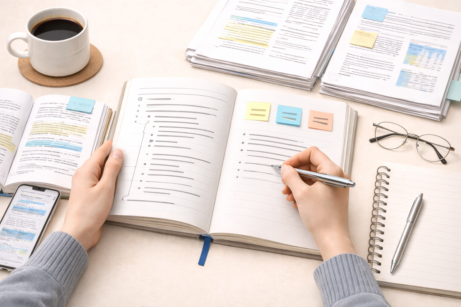 Minimalist academic illustration depicting a student planning an essay at a clean university desk, with a structured outline, research notes, and highlighted task keywords arranged neatly, presented in neutral professional tones and a focused scholarly study environment.