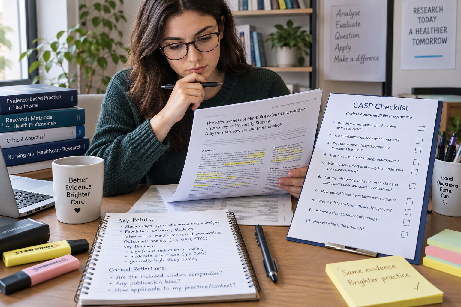 Student critically appraising a research paper at a desk using a CASP checklist, highlighted notes, and academic reference materials.
