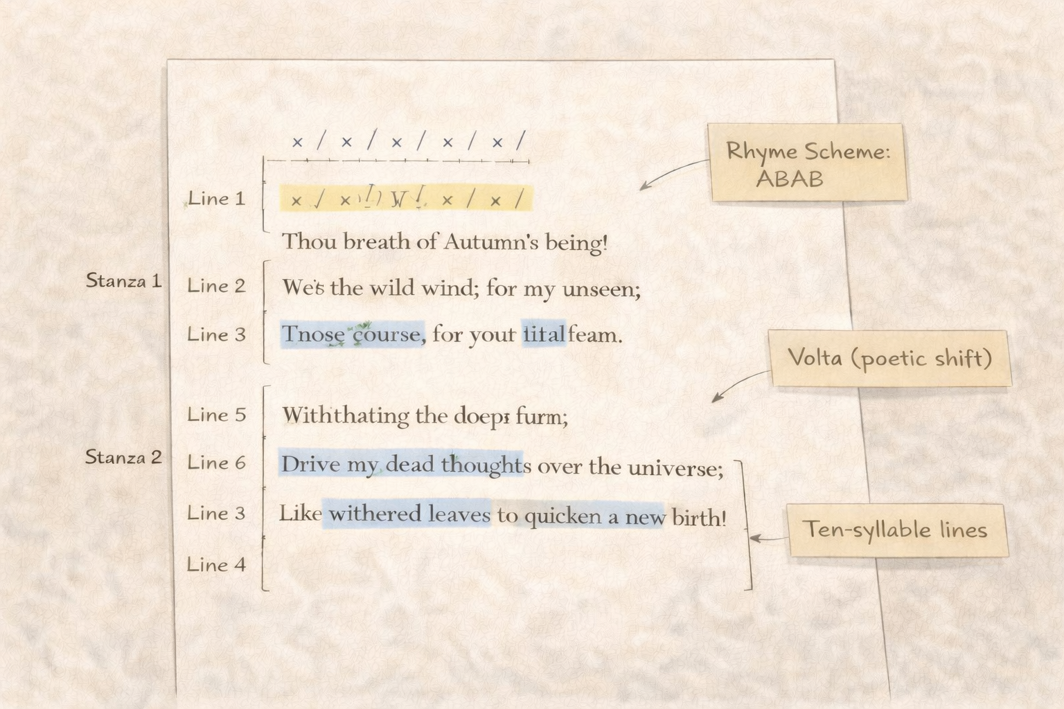 Minimalist academic illustration of a poem with clearly marked lines and stanzas, featuring annotated rhythm and structural notes that highlight poetic form and organisation, presented in a clean university style with a neutral scholarly colour palette.