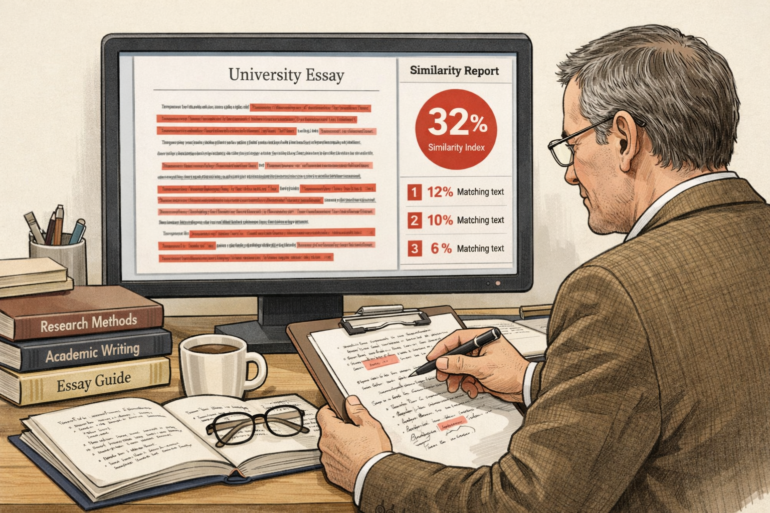 Clean academic illustration showing a university essay displayed on a computer screen with highlighted similarity sections and a visible percentage indicator, while a lecturer reviews the report alongside reference books and annotated notes in a neutral scholarly setting.